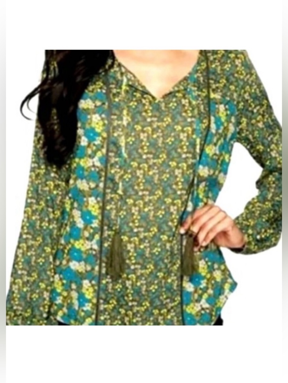 NWT PrAna Faith Boho Peasant Blouse Olive Floral Long Sleeve Tassel Tie Neck XL